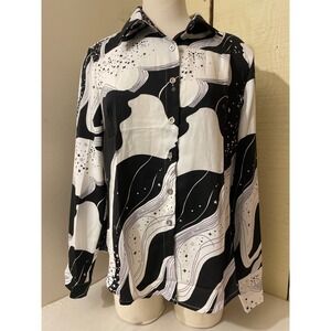 Chicme Women Size XL Black &  White Abstract Print Long Sleeve Button Down Shirt